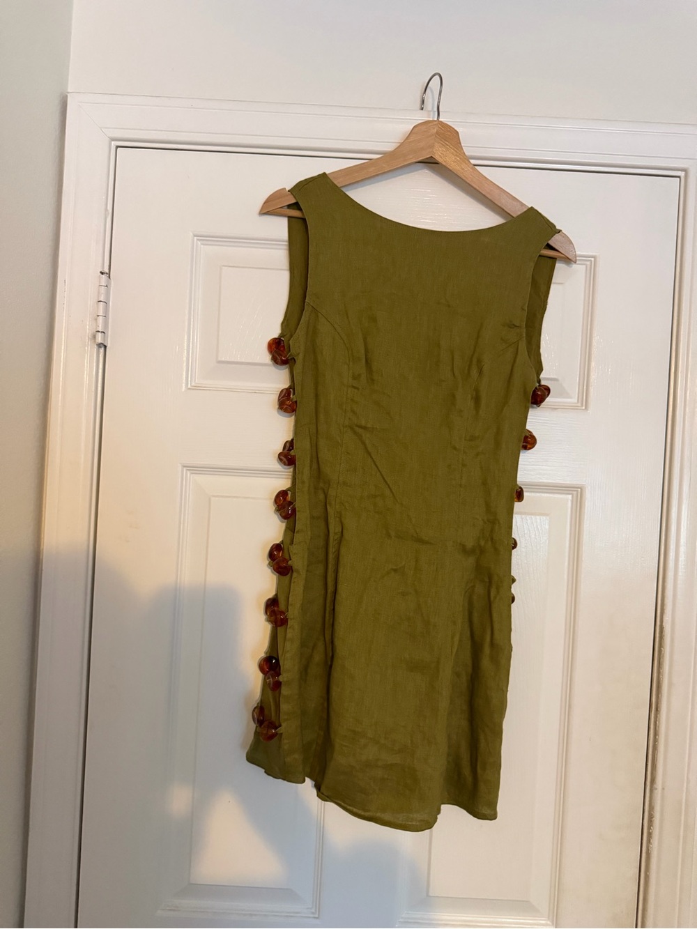 Olive Sleeveless Linen Mini Dress with Side Button Details